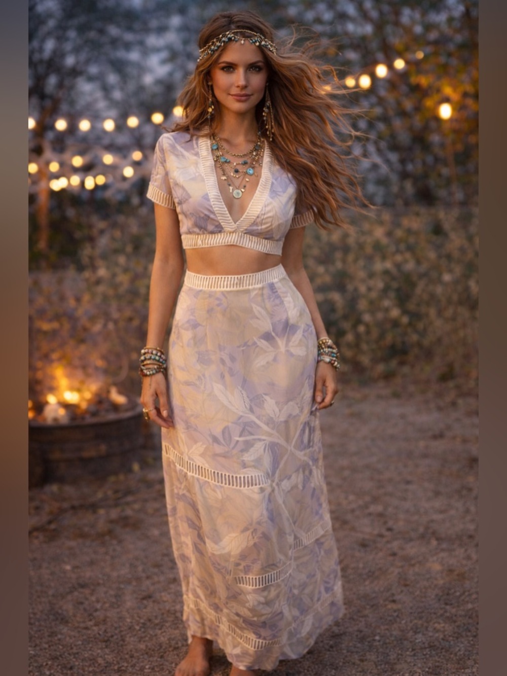 Solaris Two Piece Set Medium NWT Boho Crop Top Maxi Skirt Festival Resort Co-Ord